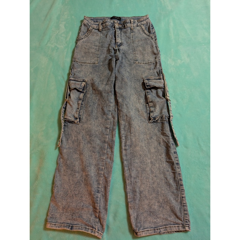 Between Us Y2K Cargo Jeans Wide Leg Acid Wash Denim Pants Blue Size 13